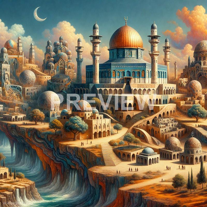 The image depicts a fantastical cityscape with a collection of ornate buildings and domed structures, reminiscent of Middle Eastern or Islamic architecture. The city is built on a series of terraces on a cliffside, with stairs connecting different levels, and features a large central mosque with a prominent golden dome and tall minarets. In the background, there are more domed buildings and towers, with a sky filled with fluffy clouds and a crescent moon, creating a surreal and majestic atmosphere.